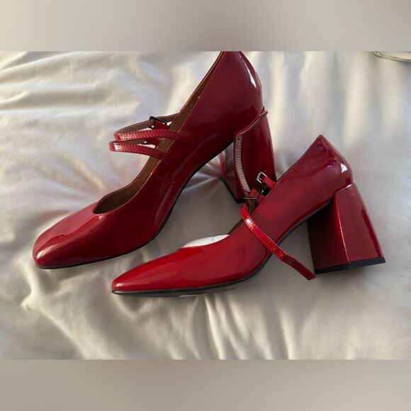 Anthropologie Bibi Lou Milena Heels Cherry Red Patent Leather Maryjane Chunky - Picture 4 of 4
